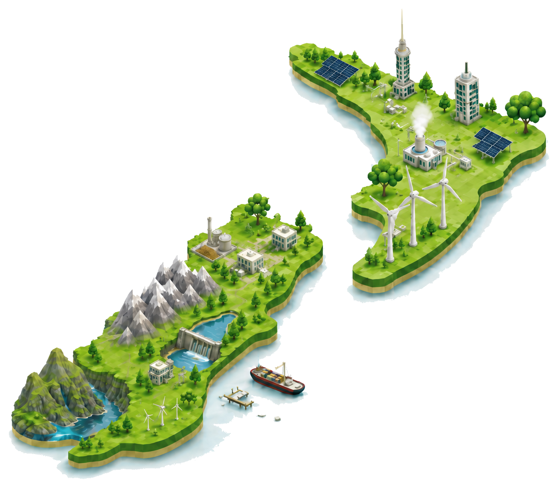 Isometric illustration of the two islands of New Zealand built up with cleantech — wind turbines, solar farms, green buildings, hydro lakes, port and shipping.